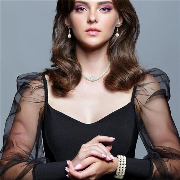 Pearl Rhinestone Jewelry Set for Women Pearl Necklace Bracelet Earrings set - Picture 6 of 6